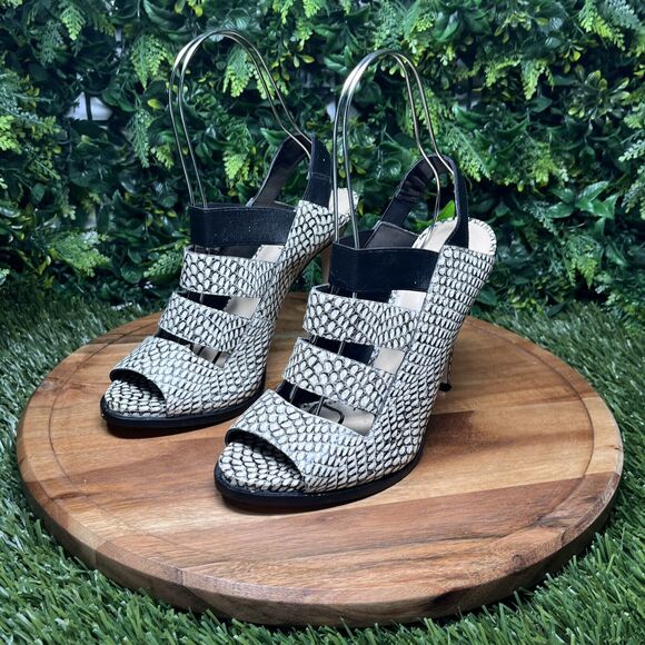 NINE WEST Heels‎ Women 9 Black White Snake Print Open Toe Sling back 2108 - Picture 10 of 13